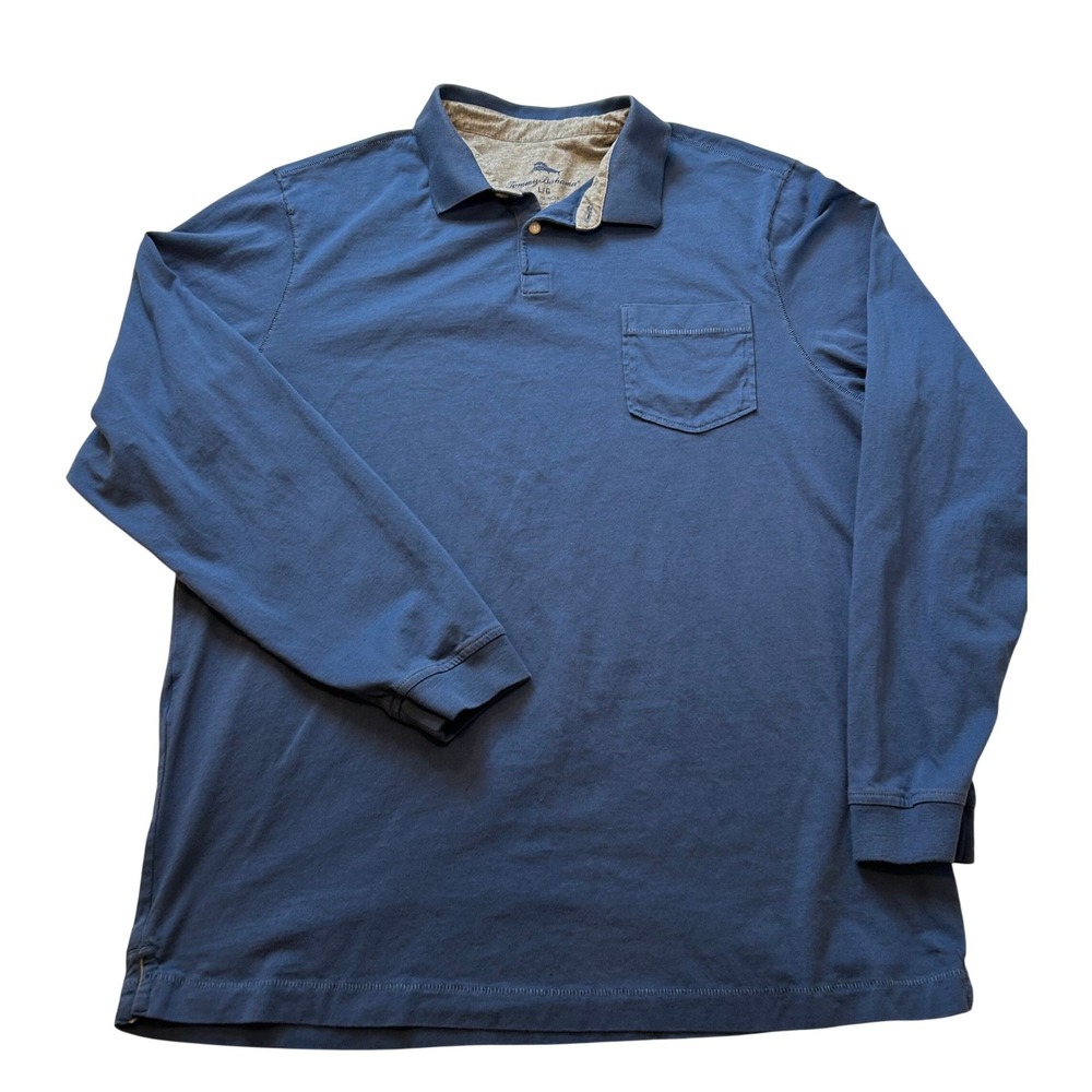 Tommy Bahama Mens Long Sleeve Polo Shirt Blue L/G Chambray Pocket Embroidered